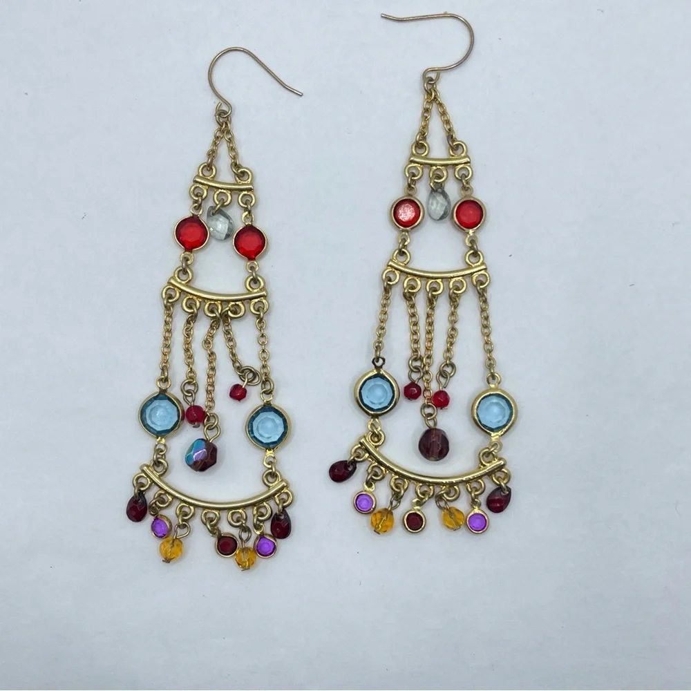 Boho Glam Gold Tone Chandelier‎ w/ Jewel Toned Glass Gems